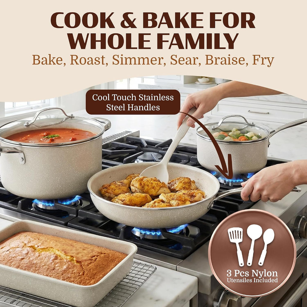 Granitestone Ceraluxe 20 Pc Ceramic Cookware Set Nonstick, Complete Pots and Pans Set Non Stick for Kitchen with Bakeware, Utensils & Steamer, Non Toxic Made Without PFOA PFOS, Oven & Dishwasher Safe