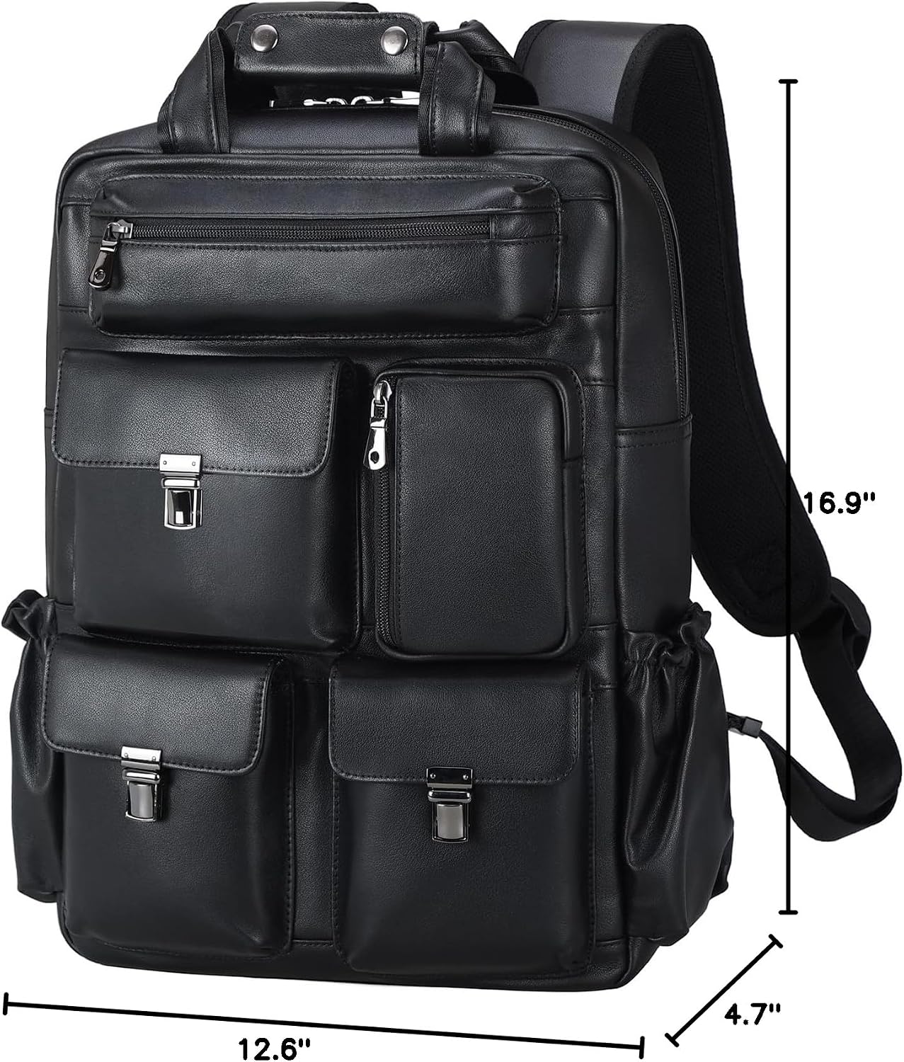 Masa Kawa Black Leather Backpack for Men 15.6 Inch Laptop Bag Multi Pockets Casual Work Business Travel Daypack