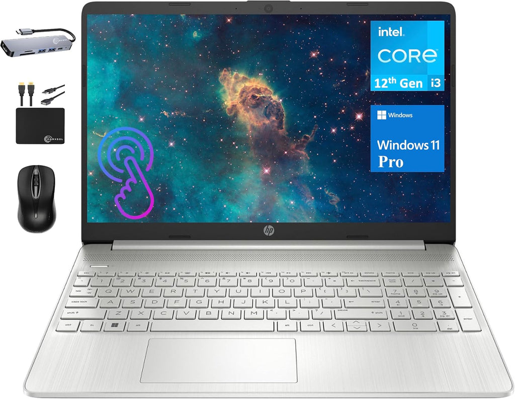 HP Flagship 15.6' Touchscreen Laptop, 6-Core Intel i3-1215U up to 4.4GHz, 8GB RAM, 512GB SSD, UHD Graphics, Webcam, HDMI, WiFi, 10+ Hrs Battery, Type-C, Windows 11 Pro +MarxsolAccessory