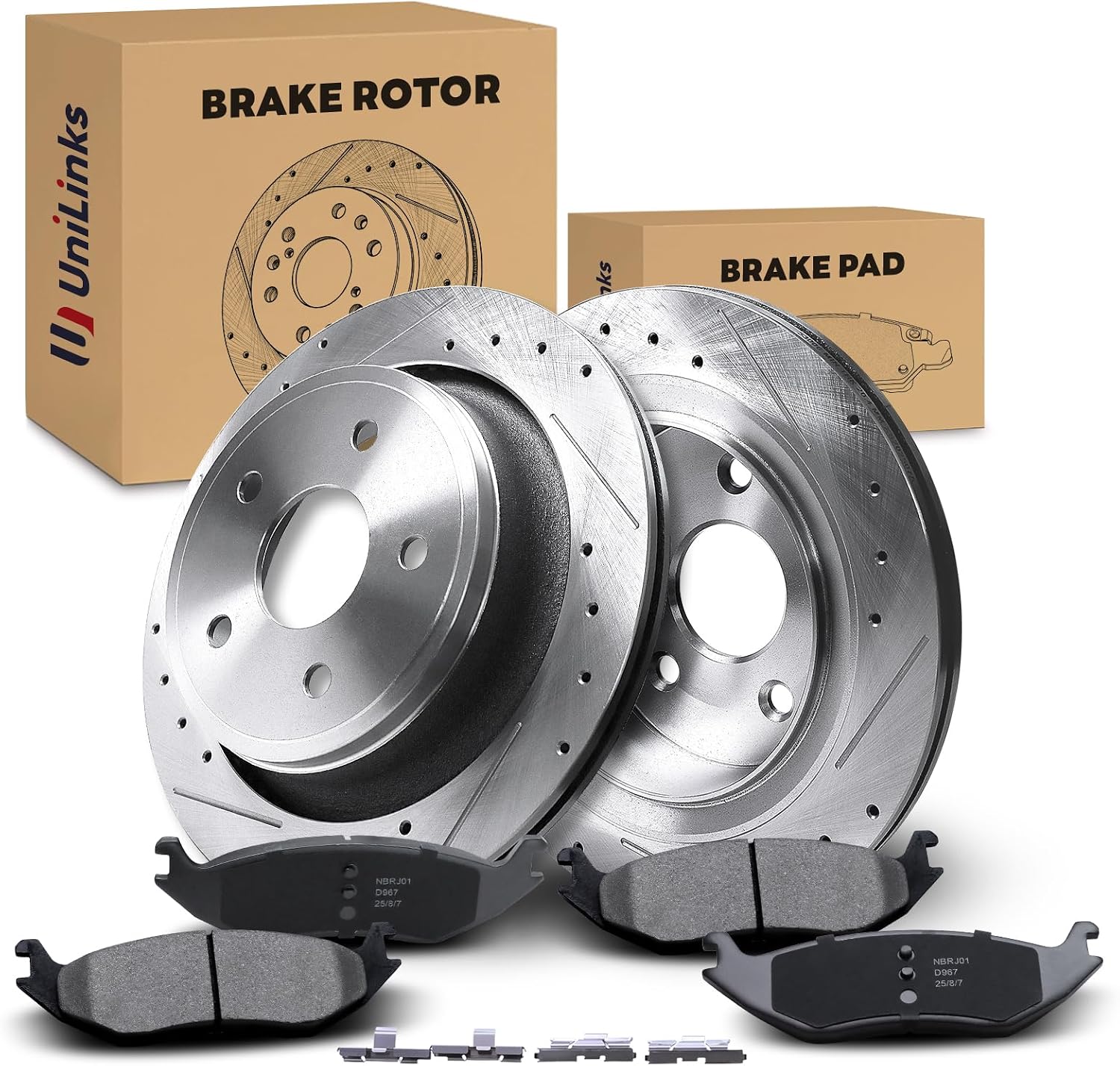 Rear Drilled and Slotted Disc Brake Rotors & Ceramic Brake Pads Kit Fit for Chrysler 2007-2009 Aspen; for Dodge 2004-2009 Durango, 2005-2010 Ram 1500; for Ram 2011-2018 1500#53006 D967