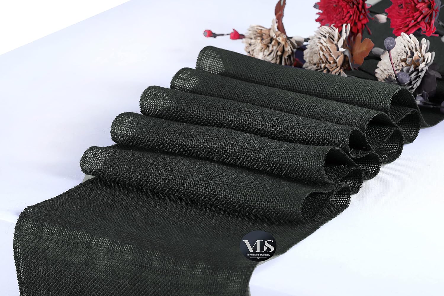 VDS Pack of 20, Burlap Table Runner 100% Natural Jute Rustic Hessian Table Cloth Centrepiece for Wedding Bridal Shower Birthday Event Party Banquet Table Decoration (Size 12X108 Inch)(Black)