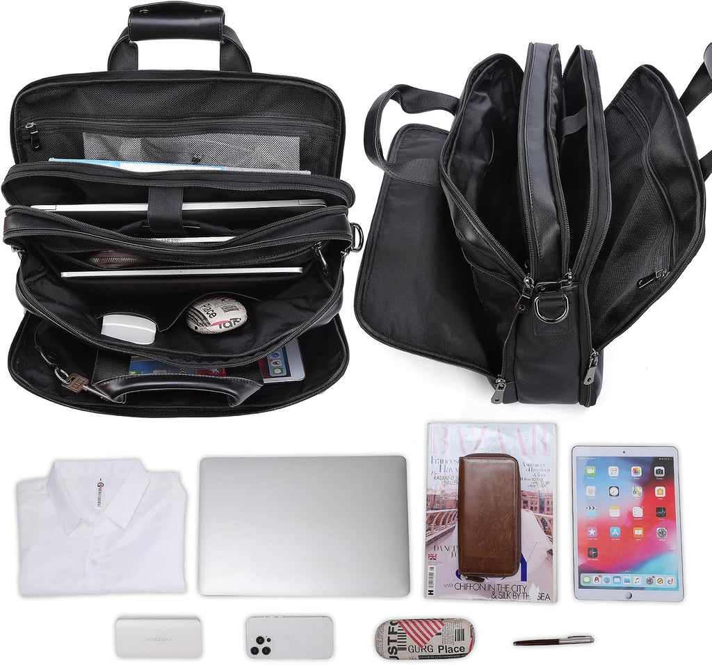Masa Kawa Black Leather Briefcase for Men, Waterproof 16 Inch Laptop Computer Case, Crossbody Shoulder Messenger Bag for Business Travel, Office Work