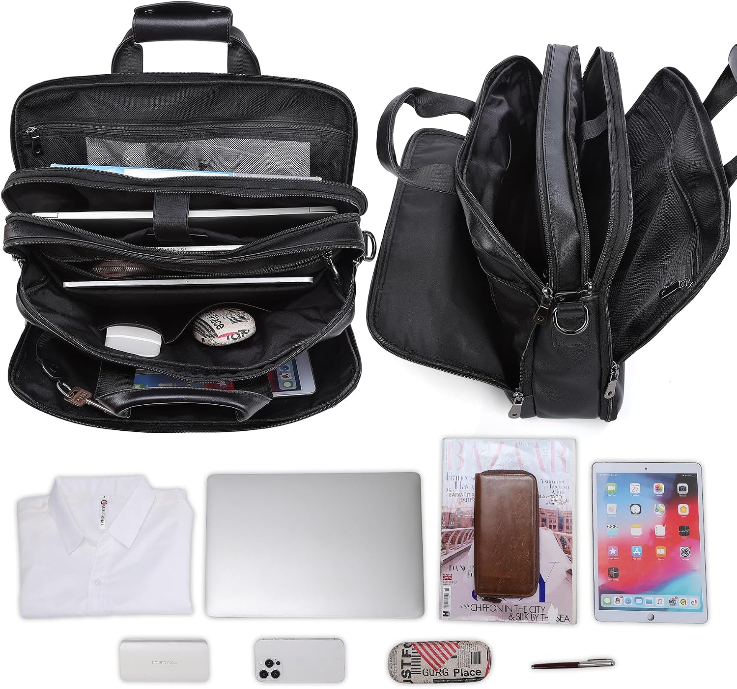 Masa Kawa Black Leather Briefcase for Men, Waterproof 16 Inch Laptop Computer Case, Crossbody Shoulder Messenger Bag for Business Travel, Office Work