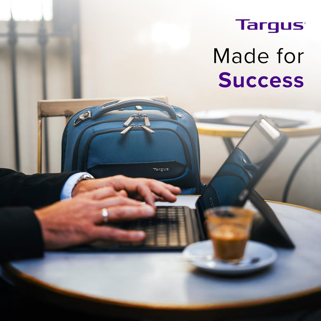Targus HeritageLuxe Backpack 15-16' – Blue Laptop Bag with SafeSling Protection, RFID Pocket, USB-C Charging, Tracker Slot, Eco Fabric, Leather Accents - TBB65602GL