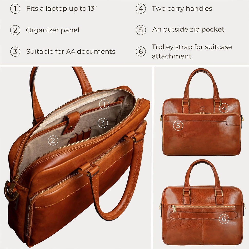 Time Resistance Leather Briefcase - Italian Handmade Leather Laptop Bag - Briefcase for Men and Women - Computer Bag