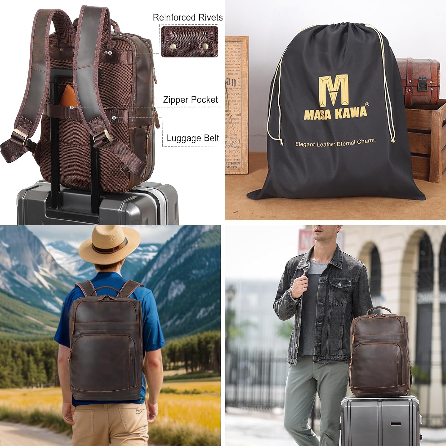Masa Kawa Brown Leather Laptop Backpack for Men Fits 16' 15.6' Computer, Vintage Business Travel Work Large Daypack Weekender Bag Camping Rucksack