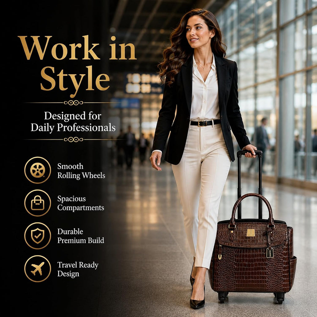 Rolling Laptop Bag for Women with Wheels & Handle Luxury Pure Leather Embossed Work Bag with Laptop Sleeve Travel Briefcase