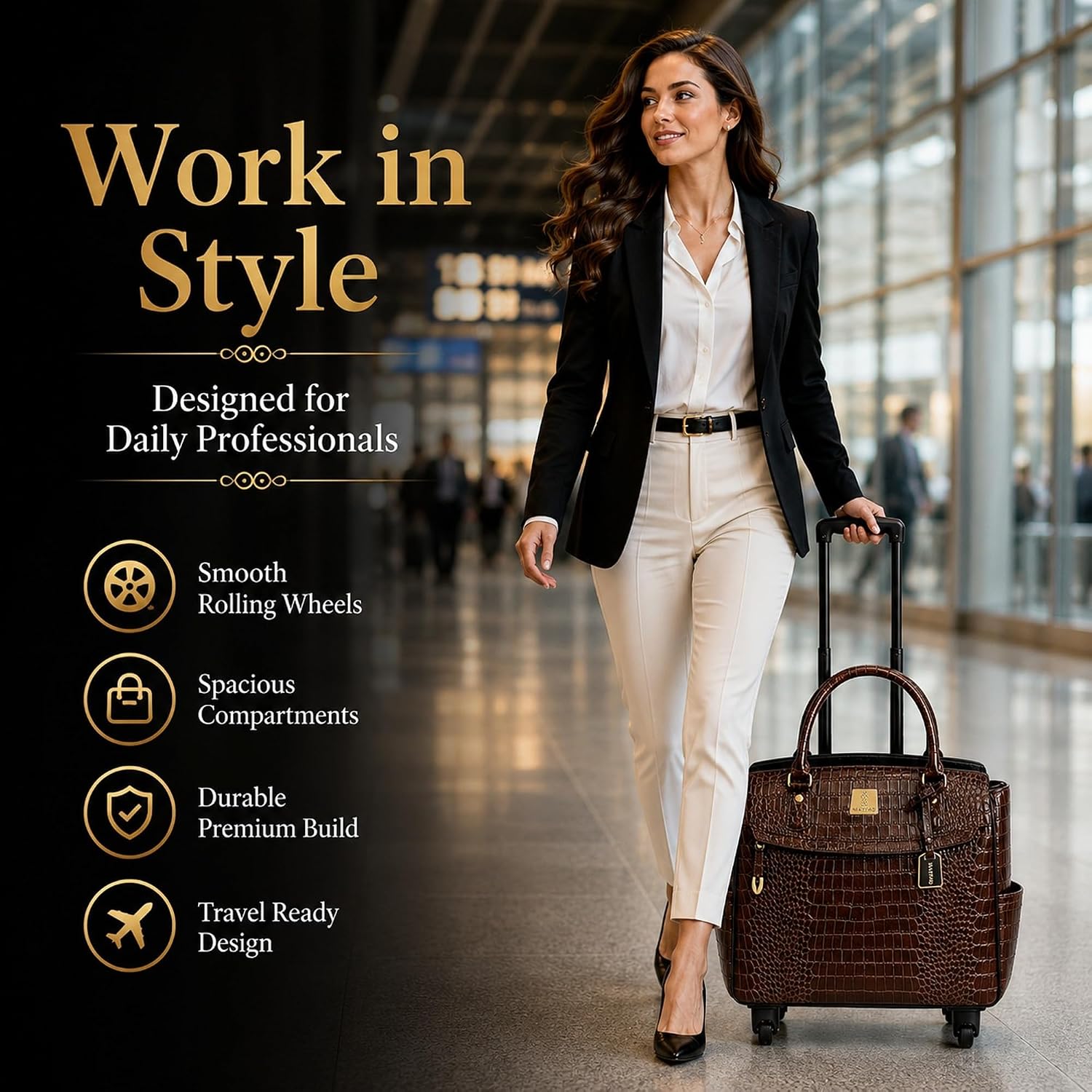 Rolling Laptop Bag for Women with Wheels & Handle Luxury Pure Leather Embossed Work Bag with Laptop Sleeve Travel Briefcase
