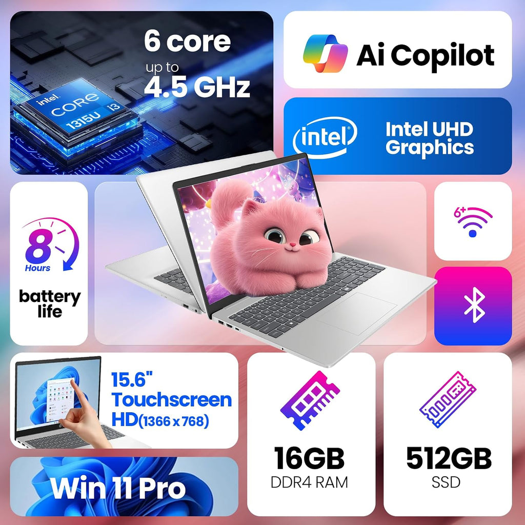 HP 2026 Touchscreen Laptop Computer for Student & Business, 16GB RAM 512GB SSD Windows 11 Pro, Intel Core i3-1315U (Up to 4.5GHz), 15.6' LED, Copilot AI, Numeric Keyboard, Type-c, Patented KB Kit