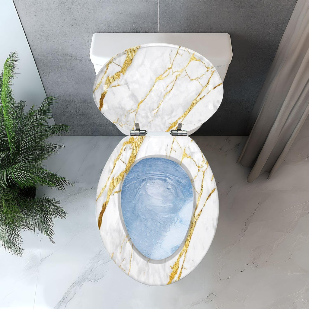 Elongated Toilet Seat White gold marble luxury wall texture shine golden line abstract Art Resin Toilet Seat Easy to Install Quietly Close Quick Release Hinges Decorative Toilet Seat with Cover