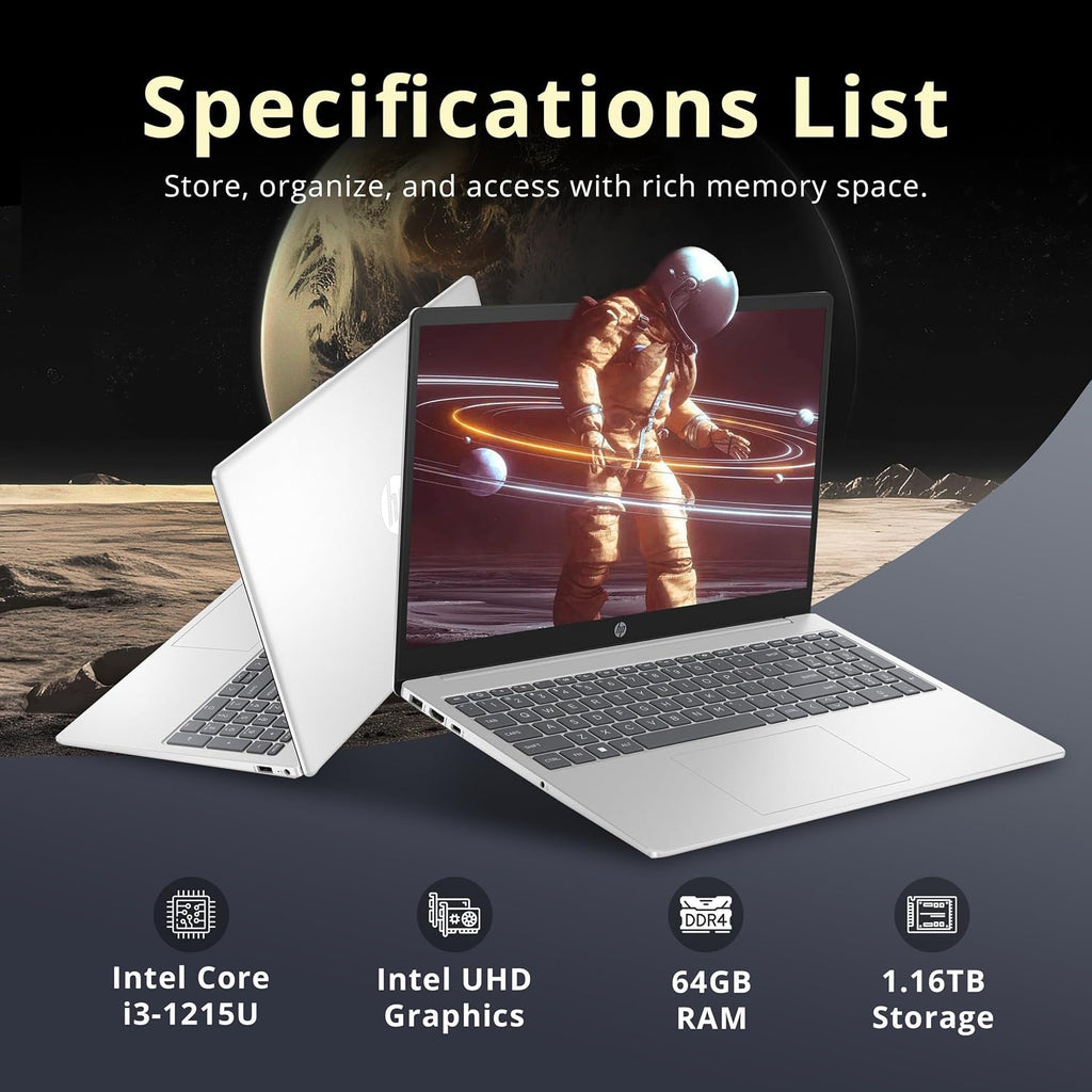 HP Pavilion 15.6' Touchscreen Laptop, Intel i3-1215U, 64GB RAM, 1.16TB Storage(1TB SSD + 160GB Docking Station Set), Intel UHD Graphics, Num Pad, Webcam, WiFi, Win 11 Pro, Silver