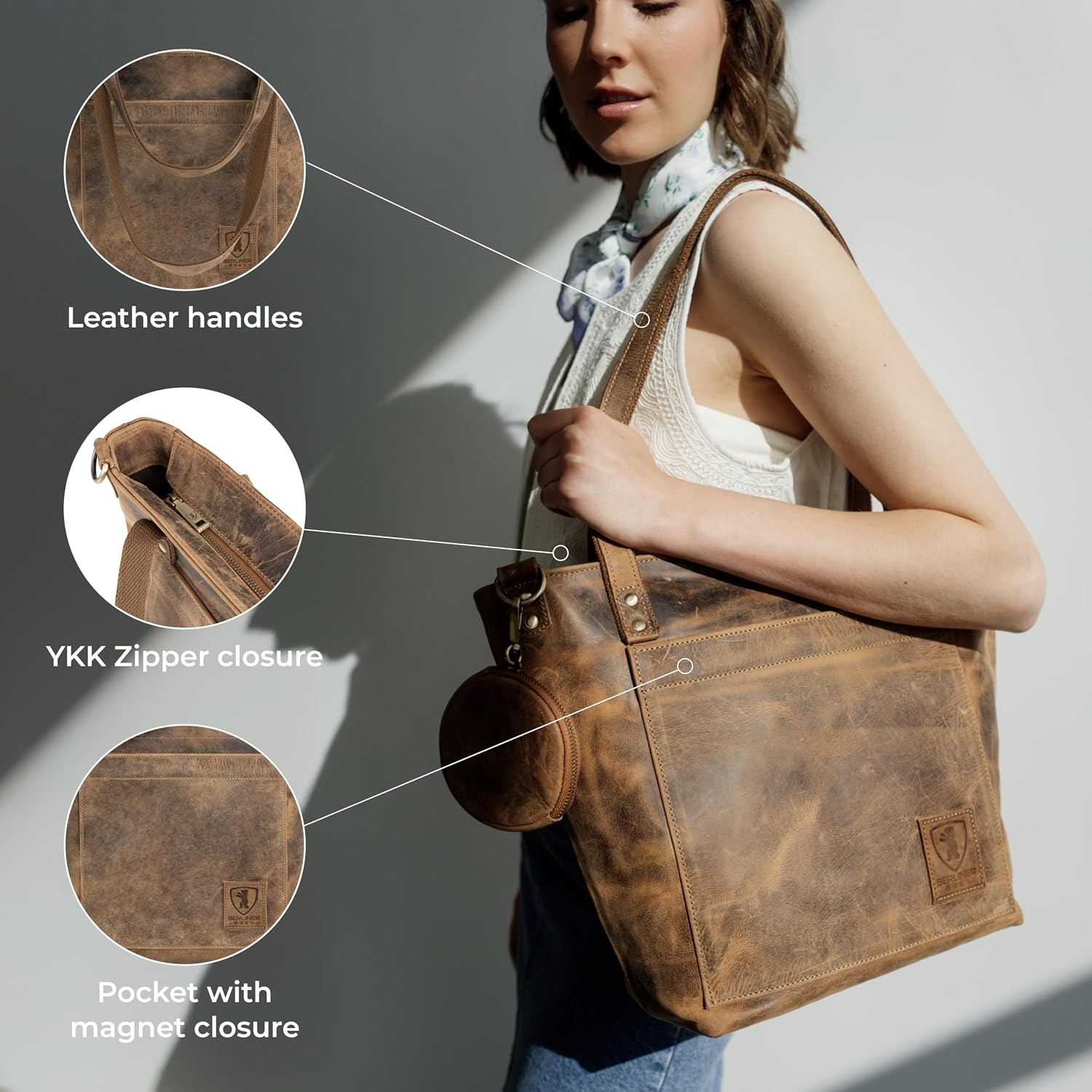 BERLINER BAGS Vintage Genuine Leather Tote Bag Verona, Handbag, Large Shopper, Work Bag for Women