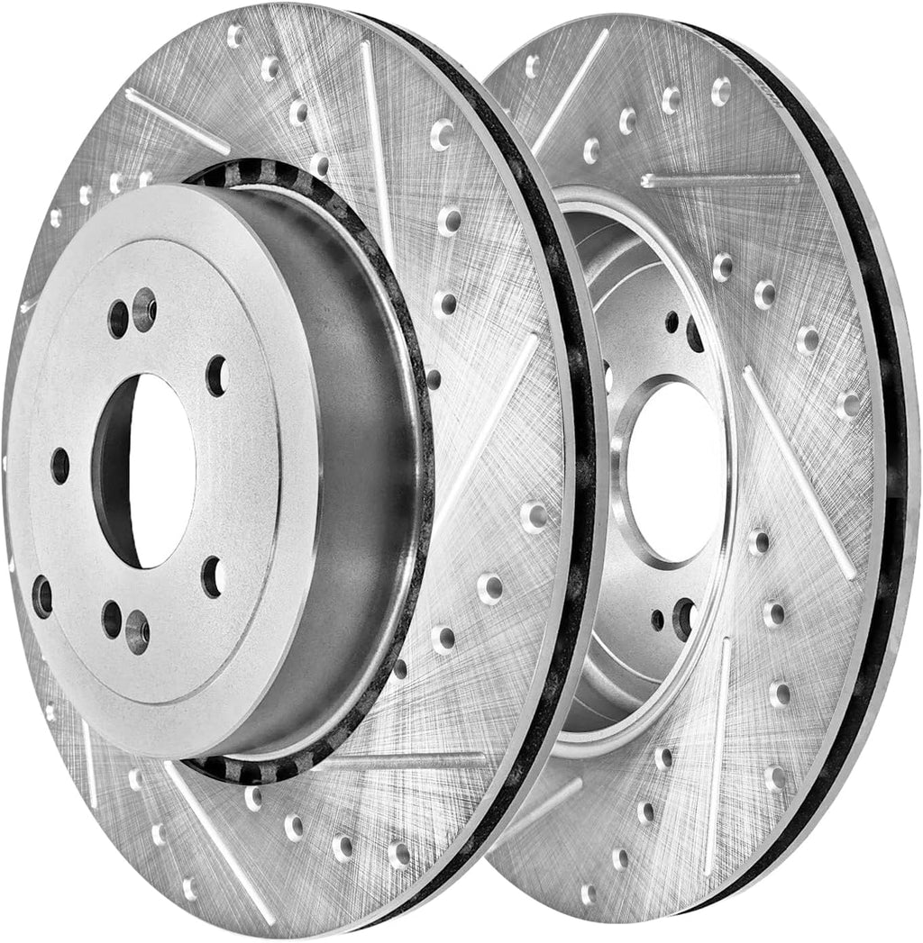 Detroit Axle - Brake Kit for 18-22 Kia Stinger 19-22 Genesis G70 Drilled and Slotted Disc Brake Rotors Ceramic Brakes Pads 2019 2020 2021 Replacement : 13.78' inch Front and 13.39' inch Rear Rotors