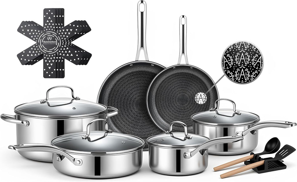 Ammeloo 17 Pcs Nonstick Stainless Steel Cookware Set, Hybrid Stainless Steel Pots and Pans Set Non Stick, Non Toxic Kitchen Cookware Sets, Dishwasher & Oven Safe, Induction & All Cooktop Compatible