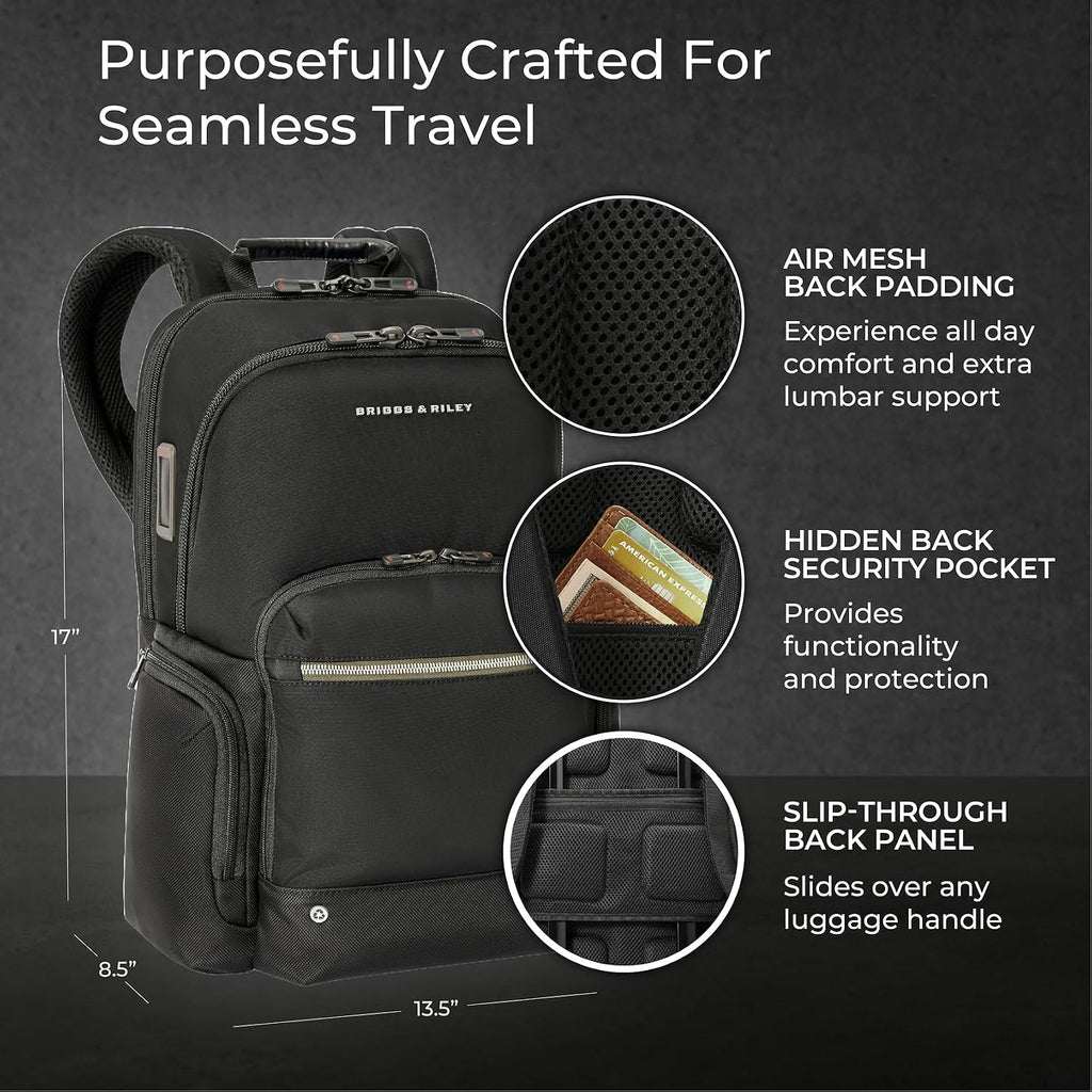 Briggs & Riley Medium Cargo Backpack - Carry On Travel Backpack for Women & Men, Personal Item Bag, Self-Repairing Zippers, Padded Straps, Fits up to 15.6' Laptop - HTA Collection, Black