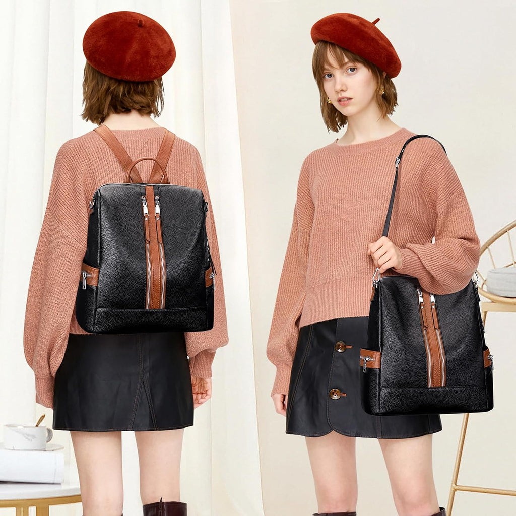 ALTOSY Genuine Leather Backpack Purse for Women Convertible Shoulder Bag Crossbody Bag Elegant Casual Daypacks (S77 Black/Brown)