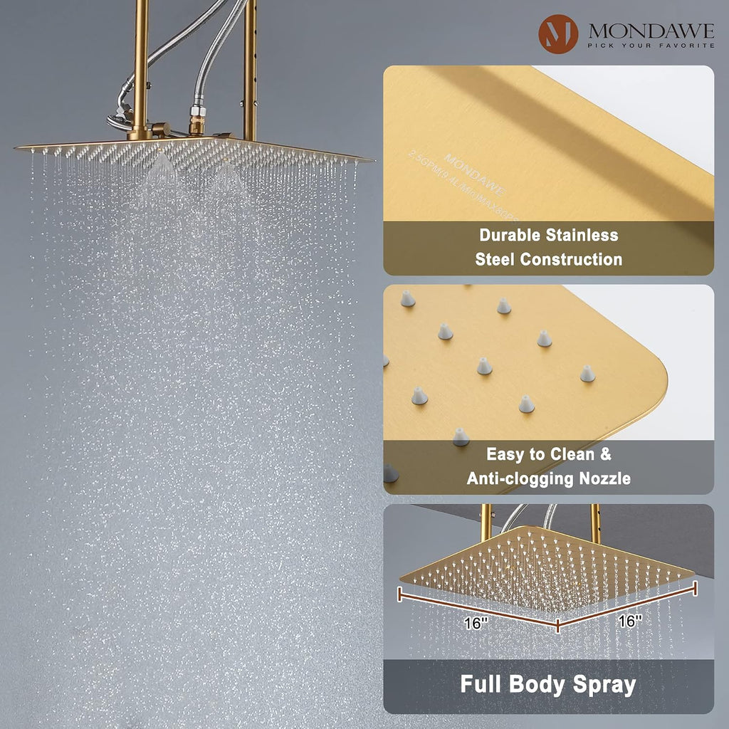 MONDAWE 16 Inch Thermostatic Shower System in Brushed Gold, Ceiling Mounted Rain and Mist Shower Head with Handheld Spray and 6 Body Jets, High Pressure Bathroom Shower Faucet Set, Solid Brass Valve