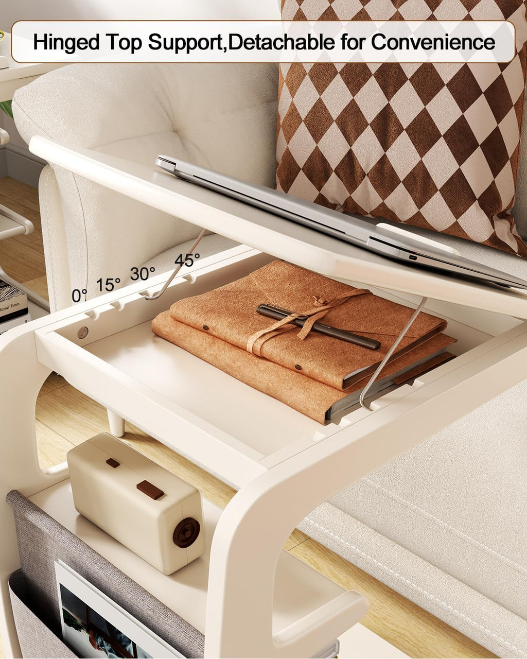 AQIMUELE Wooden C-Shaped End Table,Couch Desk with 2 Lockable Wheels,4-Tier Couch Table with Storage Bag,Small Rolling Side Table Tv Trays for Couch, Living Room,Bedroom (White)