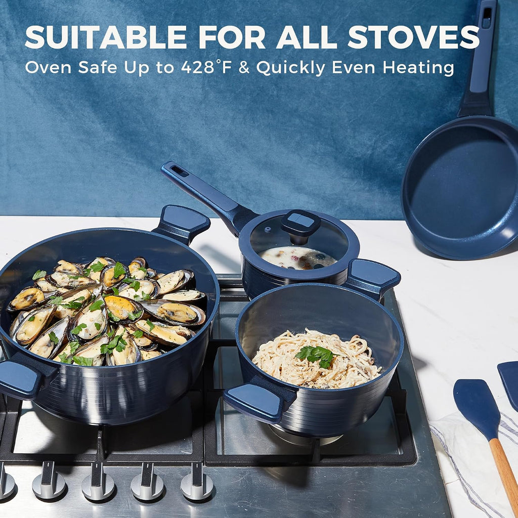 HONGBAKE Pots and Pans Set Nonstick, 26 Pcs All-in-One Kitchen Starter Set with Cookware, Bakeware & Silicone Utensils, Non Toxic Ceramic Coating, Induction & Oven Safe, PFOA PFOS Free, Blue