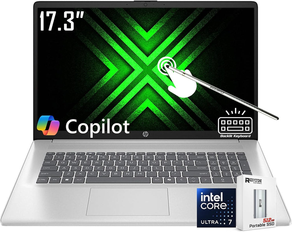 HP 17.3' HD+ Touchscreen Laptop, Intel 12-Core Ultra 7 255U(Beat Core 7 150U), Dedicated Intel AI Boost NPU 12 Tops, 32GB DDR5, 2TB SSD, Backlit KB, WiFi 6, Win 11 Home, w/512GB External SSD & Stylus