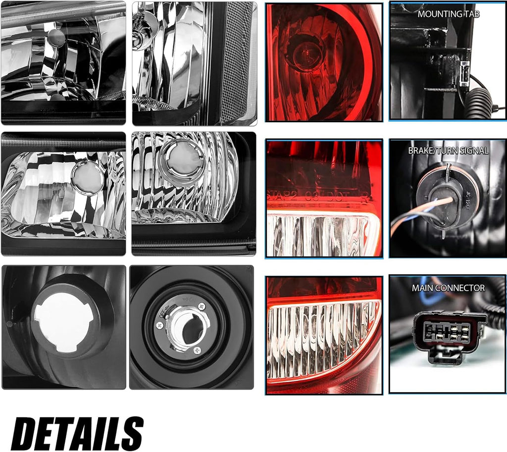 Headlights Tail Lights Assembly Kit compatible with 2003-2006 Chevy Silverado 1500 2500 (2007 Sivlerado Classic) Halgoen Headlamp w/Rear Brake Lamp Taillight, Black Clear L+R for 2003 2004 2005 2006