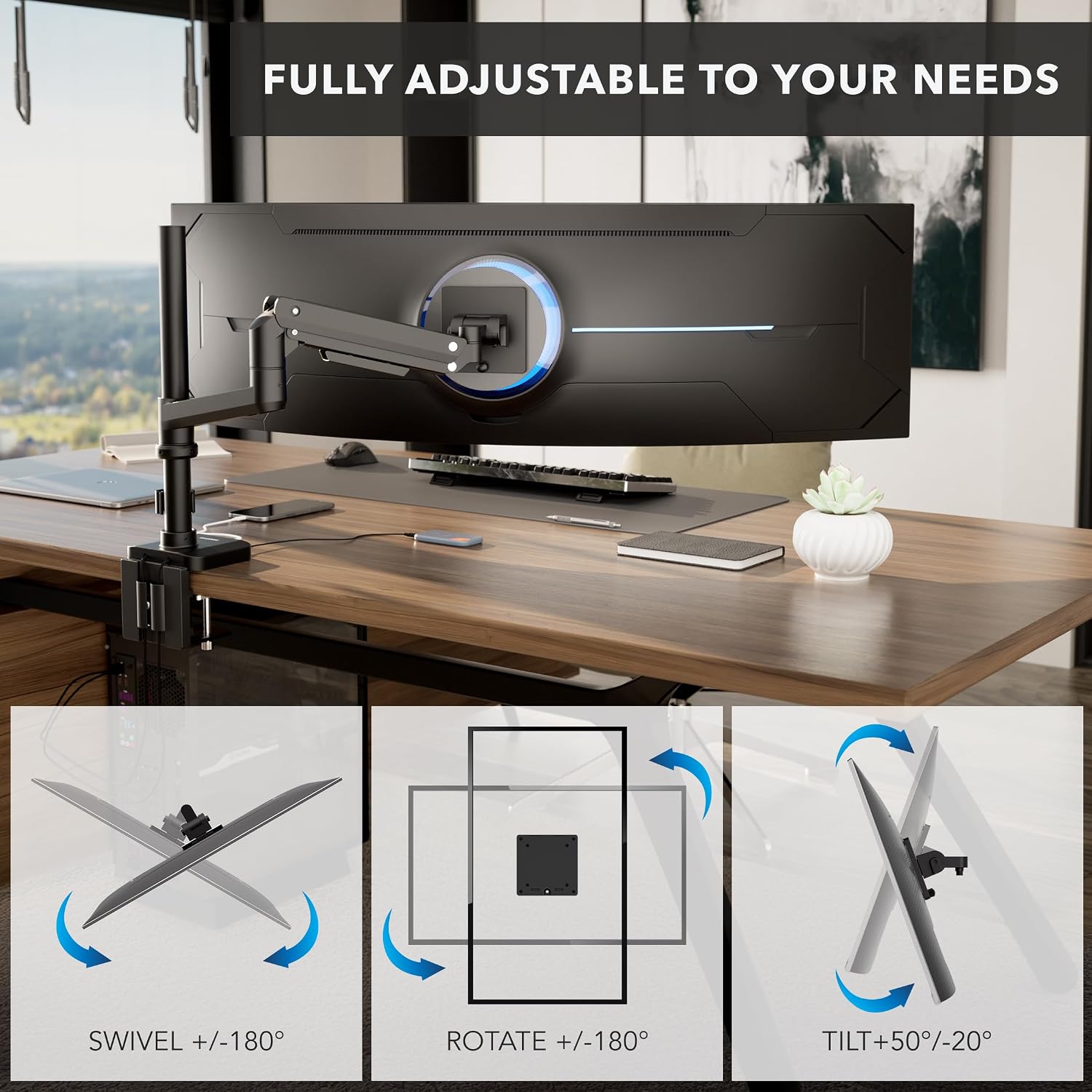 Mount-It! Proflex Series Height-Adjustable Ultrawide Monitor Arm with Pole, Fits 17–49' Screens, Gas Spring, 44 lbs Capacity, USB-C & USB 3.0 Ports, Full Motion, VESA 75/100, Clamp or Grommet