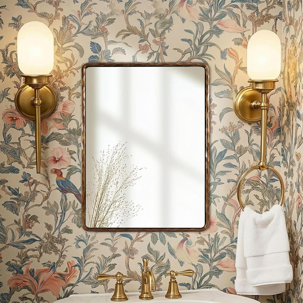 ANDY STAR Hand-Forged Gold Bathroom Mirrors for Wall, 24x30 Inch Vintage Solid Steel Metal Frame Bathroom Vanity Mirror, Antique Rounded Rectangle Wall Mirror, Hangs Horizontally or Vertically