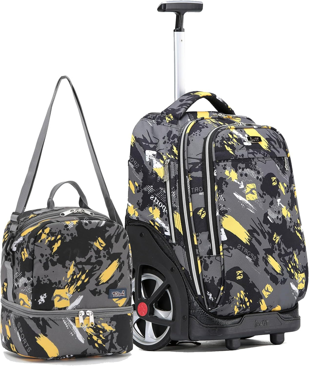 NEW TILAMI 19 Inch Rolling Backpack with Lunch Bag for Girls Boys Wheeled Laptop Backpack Durable Carry-on Bag School Travel, Doodle Yellow