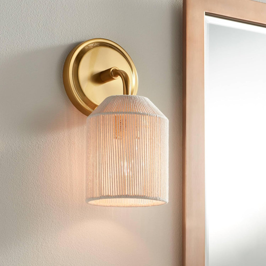 Possini Euro Design Jacob 11' High Modern Wall Sconce Light Lamp Fixture Mount Set of 2 Bathroom Bedroom Bedside Living Room Hardwired Cordless Gold Natural Rope Shade Indoor Kitchen Hallway