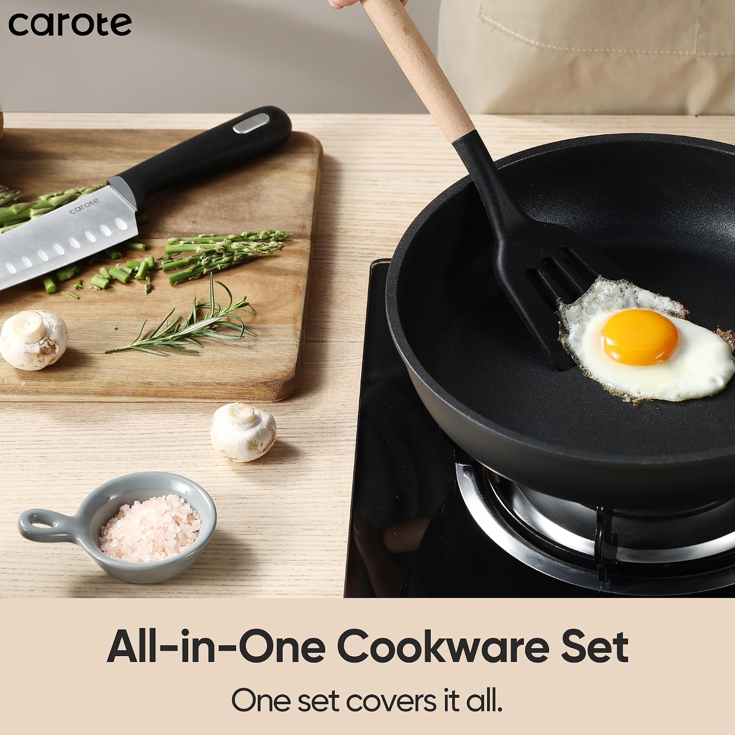CAROTE 25pcs Pots and Pans Set Non Stick, Cookware Sets, Kitchen Set, Oven/Dishwasher/Fridge Safe, Space Saving Pots Set, Nonstick Set with Versatile Detachable Handle with Knife Set, Jet Black
