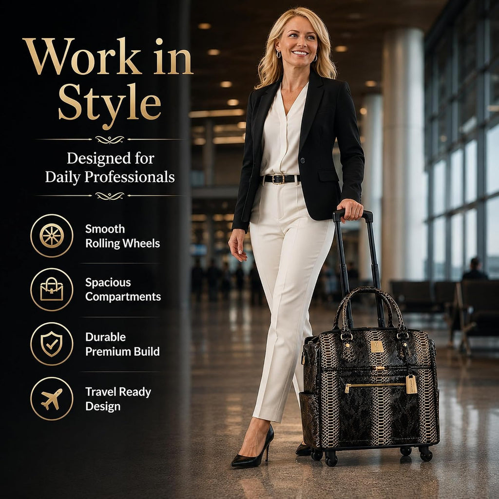 Rolling Laptop Bag for Women with Wheels & Handle Luxury Pure Leather Embossed Work Bag with Laptop Sleeve Travel Briefcase