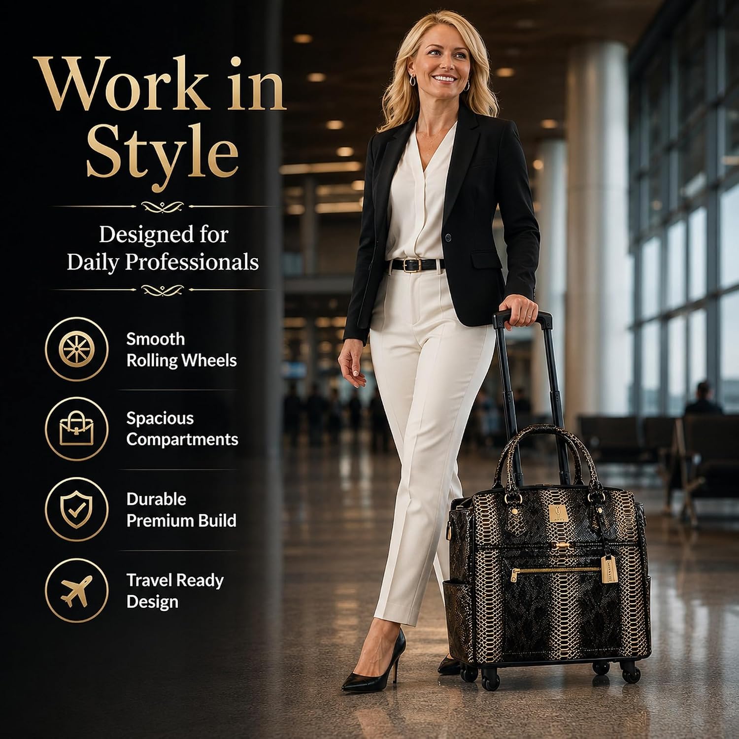 Rolling Laptop Bag for Women with Wheels & Handle Luxury Pure Leather Embossed Work Bag with Laptop Sleeve Travel Briefcase