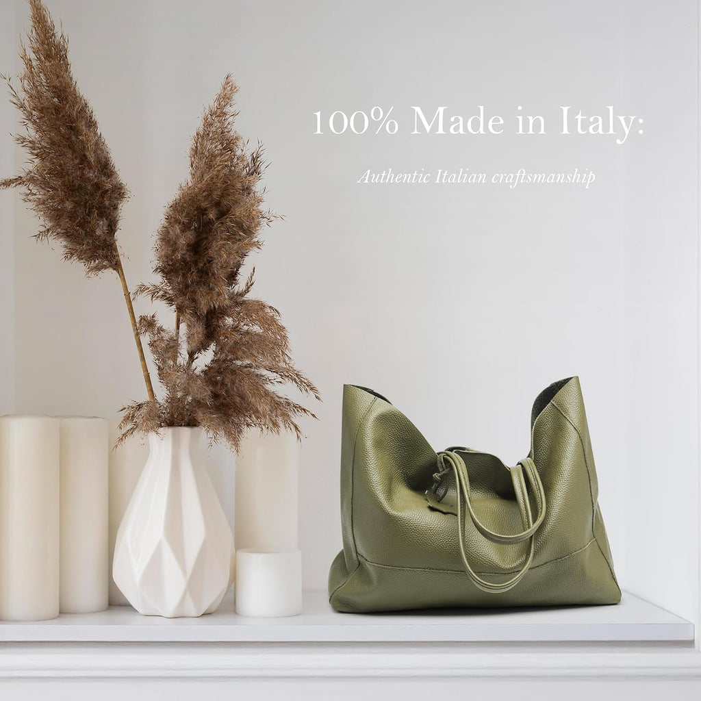 Italian Leather Tote Bag for Women - Large Shoulder Shopper, Fits 16' Laptop, Keychain Holder, Made in Italy