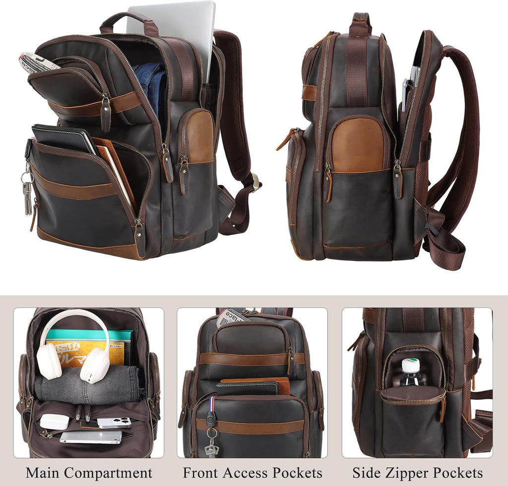 TIDING Men's Vintage Leather Backpack 15.6' Laptop Bag Large Capacity Business Travel Hiking Shoulder Daypacks