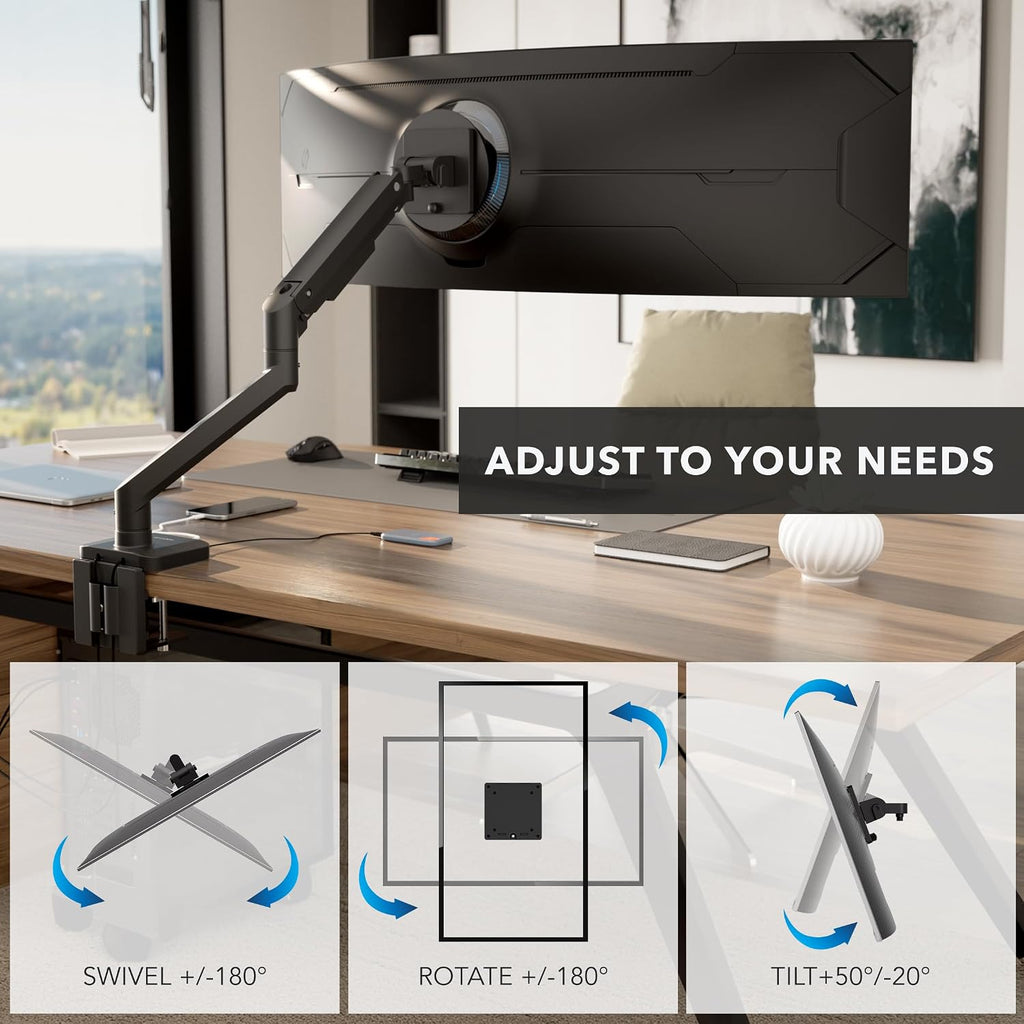 Mount-It! Proflex Series Heavy-Duty Monitor Desk Mount, Fits 17–49' Ultrawide Curved Screens, Full Motion Gas Spring Arm, 44 lbs Capacity, USB-C & USB 3.0 Ports, VESA 75/100, Clamp or Grommet Base
