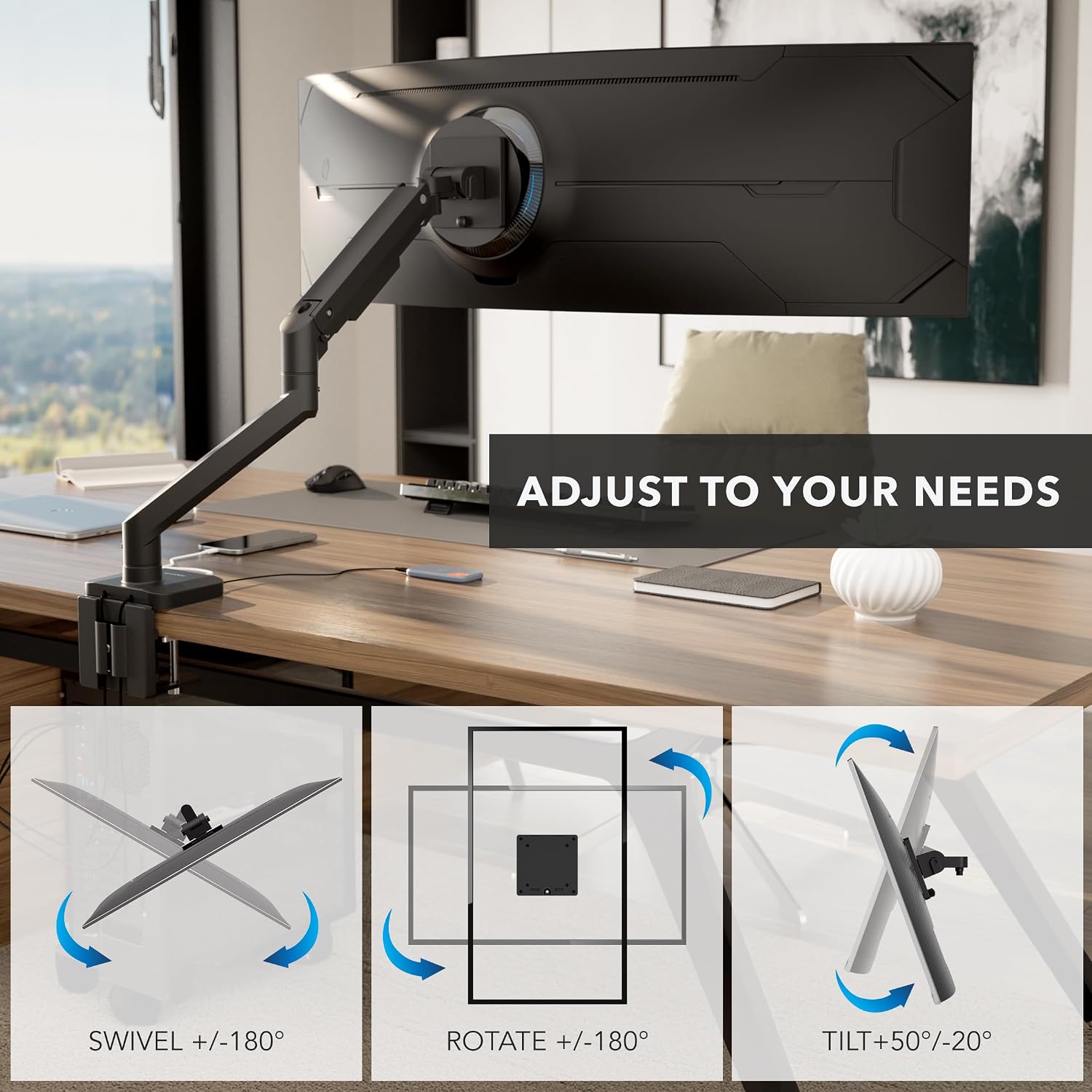 Mount-It! Proflex Series Heavy-Duty Monitor Desk Mount, Fits 17–49' Ultrawide Curved Screens, Full Motion Gas Spring Arm, 44 lbs Capacity, USB-C & USB 3.0 Ports, VESA 75/100, Clamp or Grommet Base