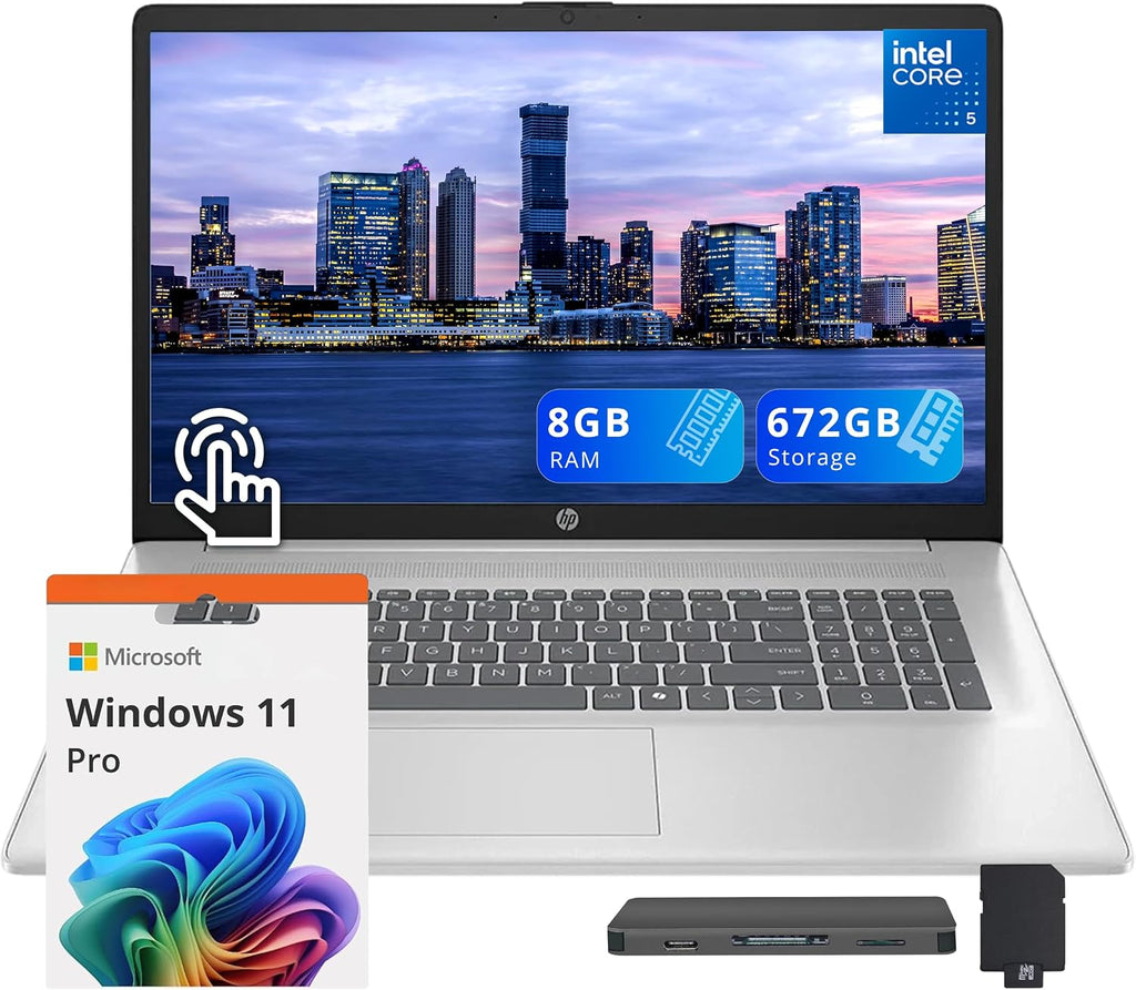 HP 17.3' HD+ Touchscreen Laptop, Intel Core 5 120U, 8GB DDR4, 672GB Storage (512GB SSD+160GB Docking Station Set), ‎Intel Graphics, 720p HD Camera, Wi-Fi 6, Win 11 Pro, Silver