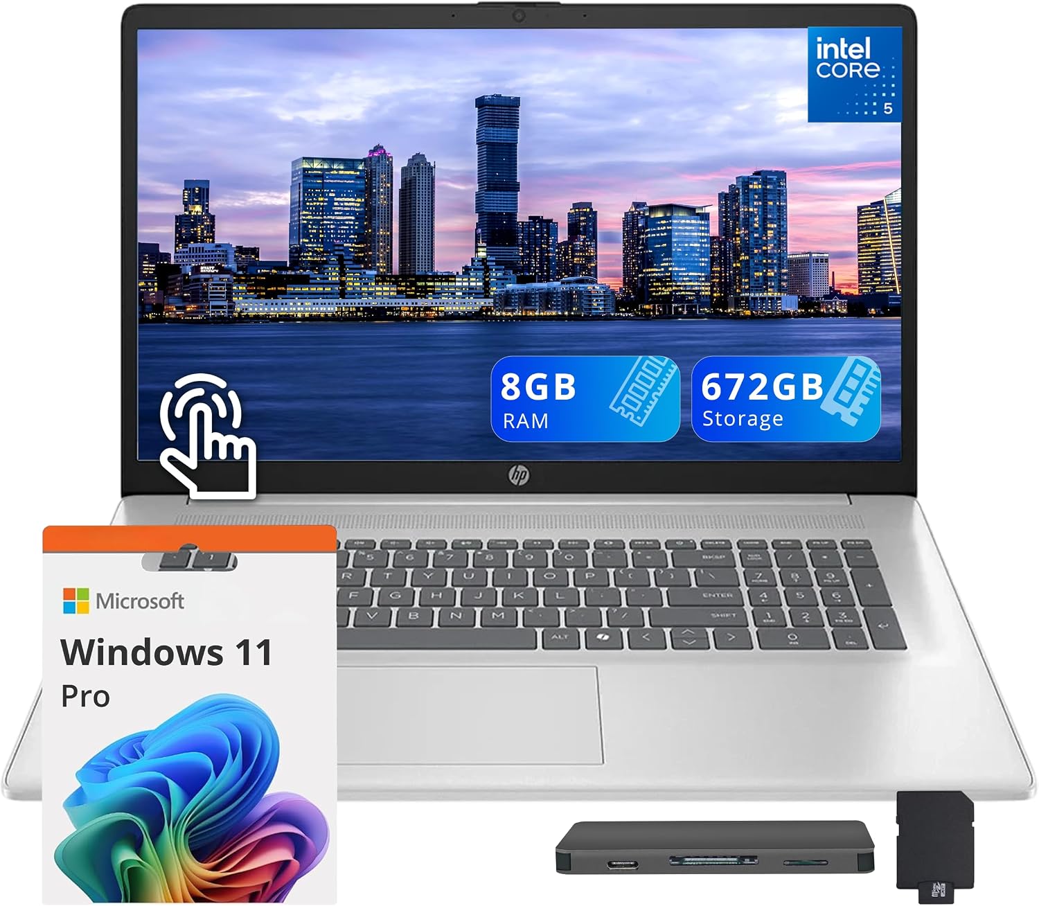 HP 17.3' HD+ Touchscreen Laptop, Intel Core 5 120U, 8GB DDR4, 672GB Storage (512GB SSD+160GB Docking Station Set), ‎Intel Graphics, 720p HD Camera, Wi-Fi 6, Win 11 Pro, Silver