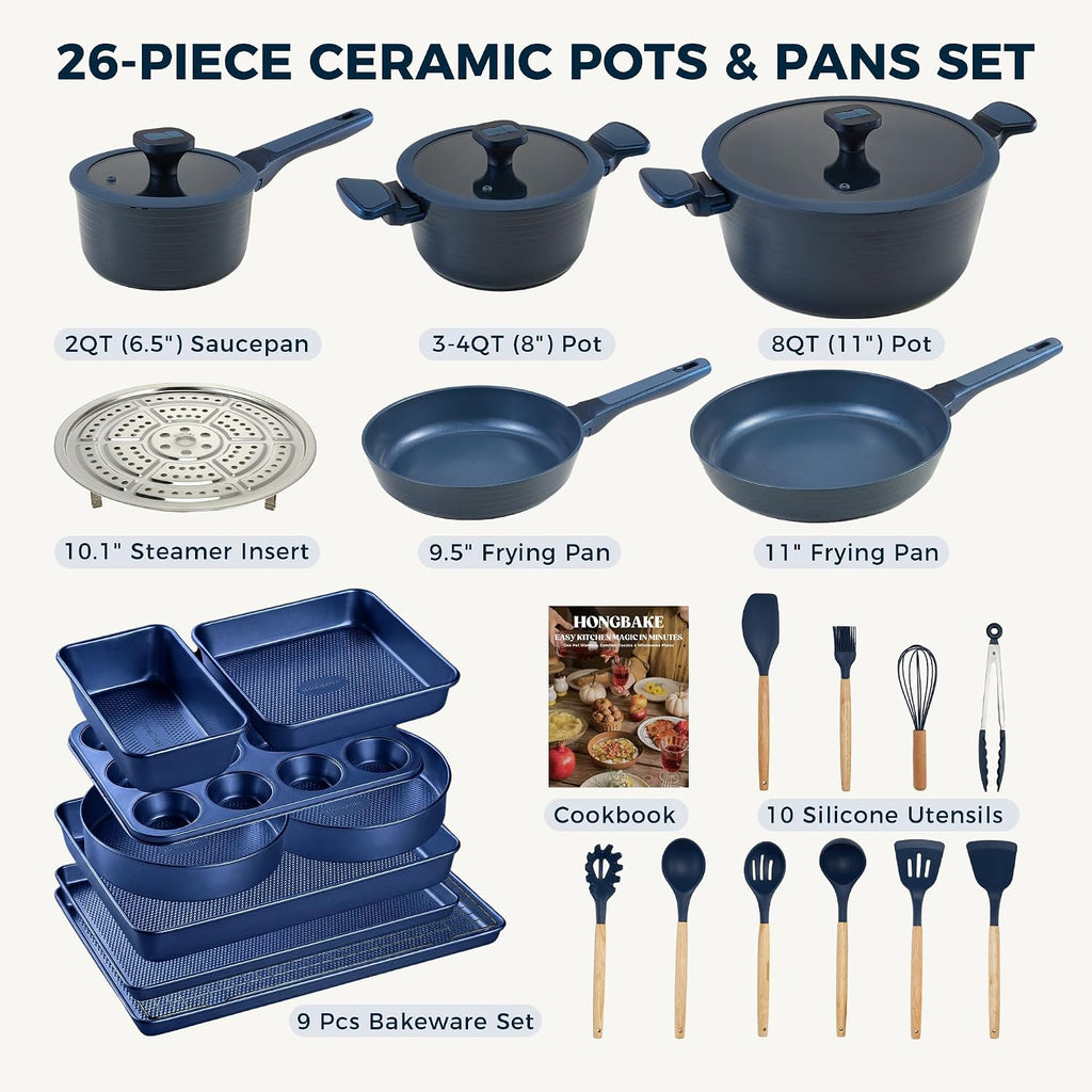 HONGBAKE Pots and Pans Set Nonstick, 26 Pcs All-in-One Kitchen Starter Set with Cookware, Bakeware & Silicone Utensils, Non Toxic Ceramic Coating, Induction & Oven Safe, PFOA PFOS Free, Blue