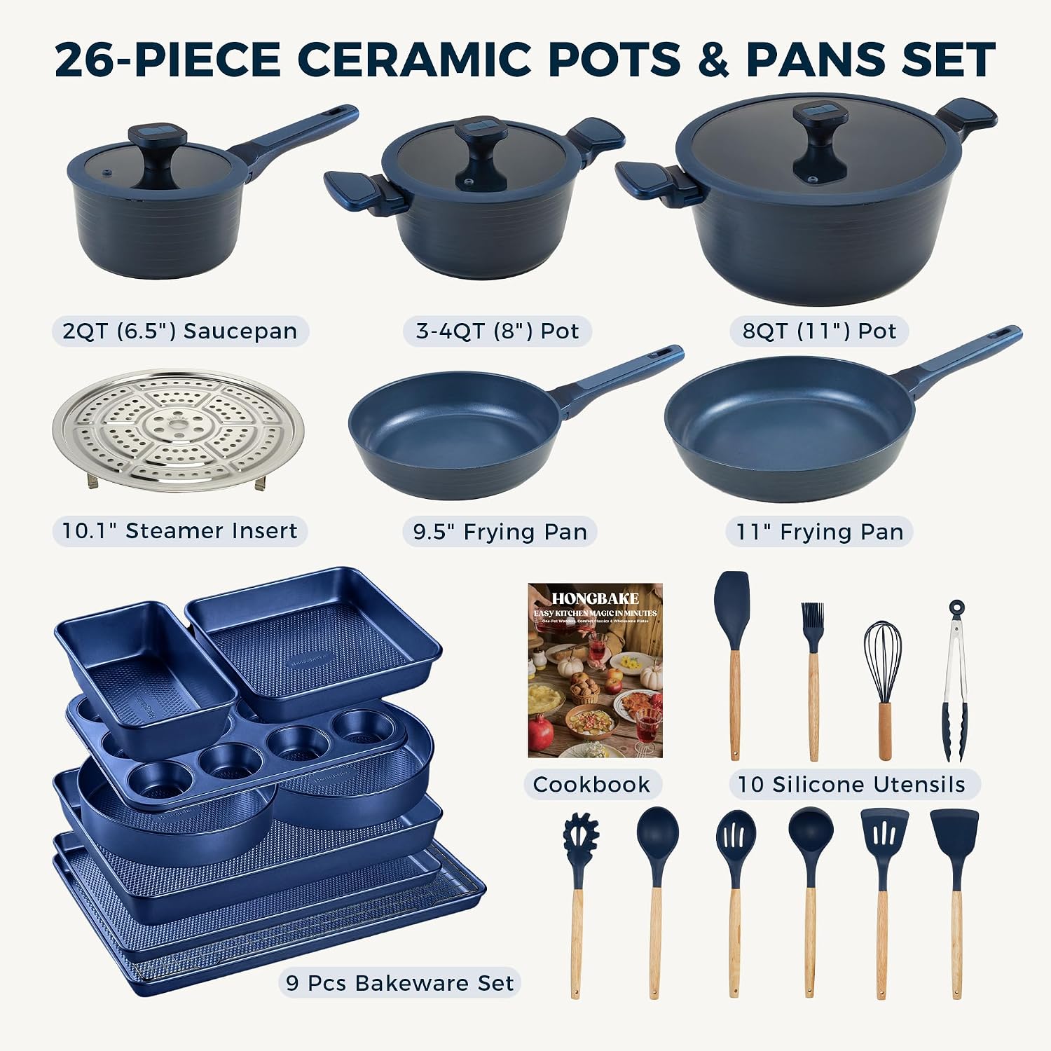 HONGBAKE Pots and Pans Set Nonstick, 26 Pcs All-in-One Kitchen Starter Set with Cookware, Bakeware & Silicone Utensils, Non Toxic Ceramic Coating, Induction & Oven Safe, PFOA PFOS Free, Blue