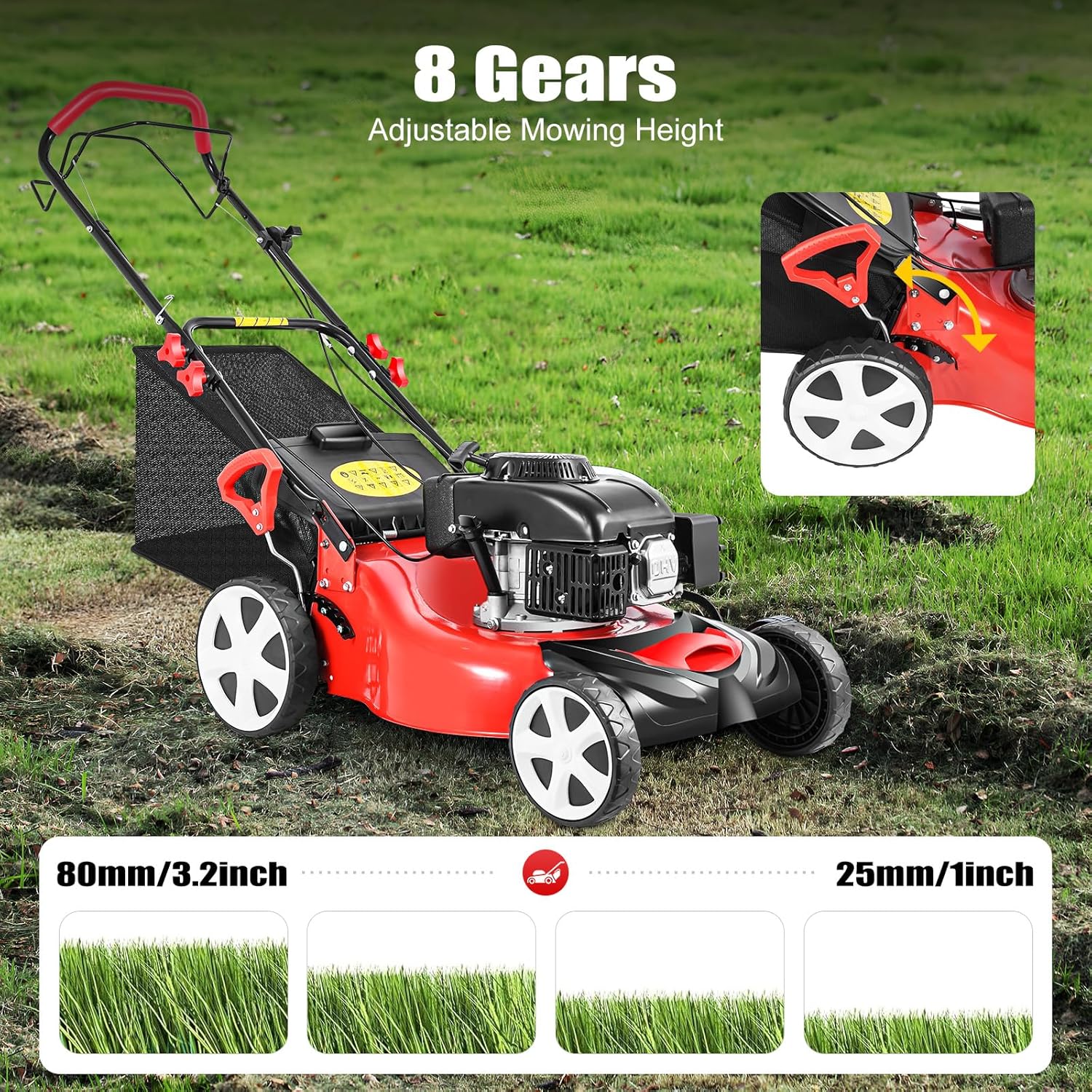 Self Propelled Lawn Mower, 4 Stroke 4000W Engine Weed Wacker Self Propelled Gas Powered Lawn Mowerwith 8 Gear Adjustable Height 3 in 1 Push Lawnmower with Bagging, for Lawn Weeding