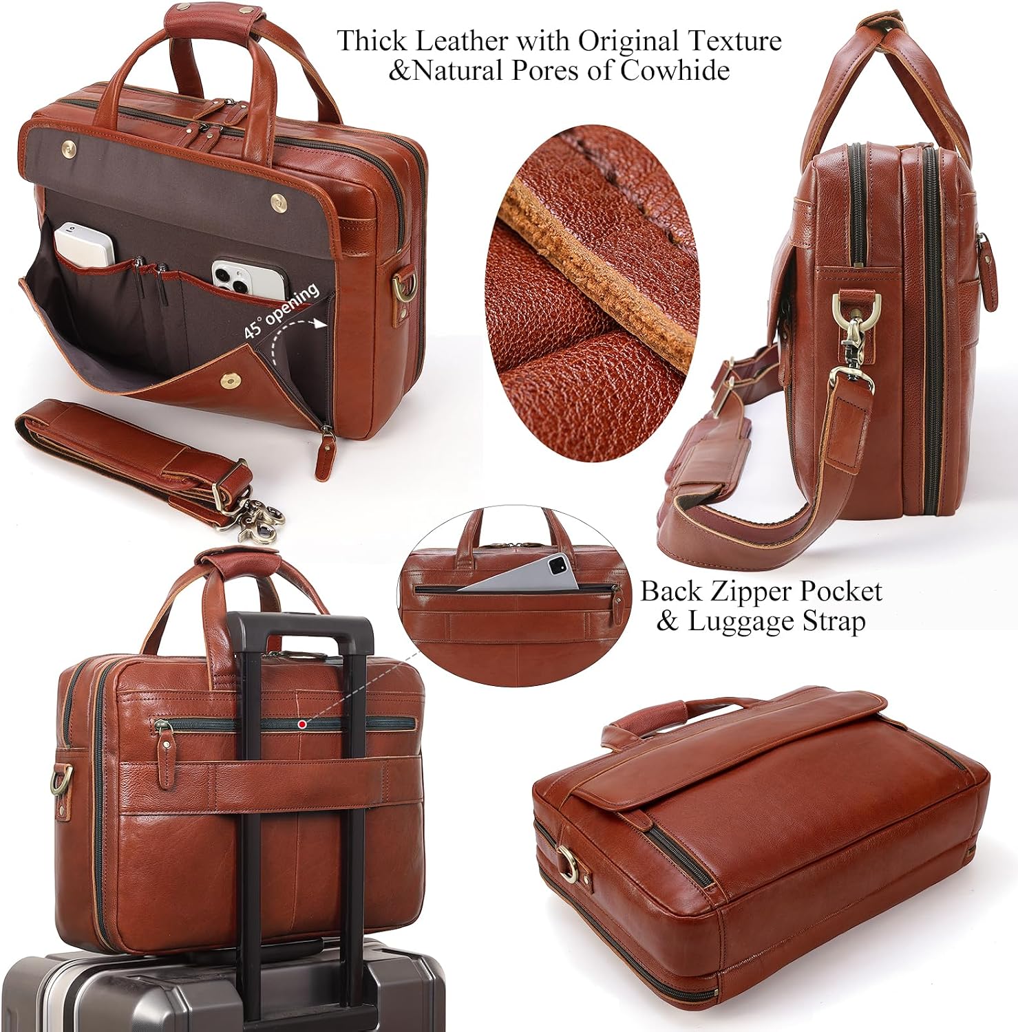 Masa Kawa Leather Briefcase for Men 15.6', 17' Laptop Computer Case Business Travel Work Messenger Cross Body Shoulder Bag