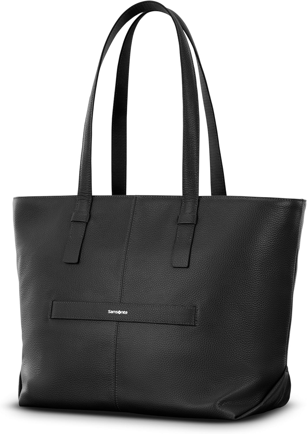 Samsonite Mobile Solutions 2 Leather Tote, Stylish Women's Laptop and Work Bag with StackIt Strap, Padded Laptop Sleeve, Interior Organizer & Protective Feet, Soft Pebbled Leather - Black