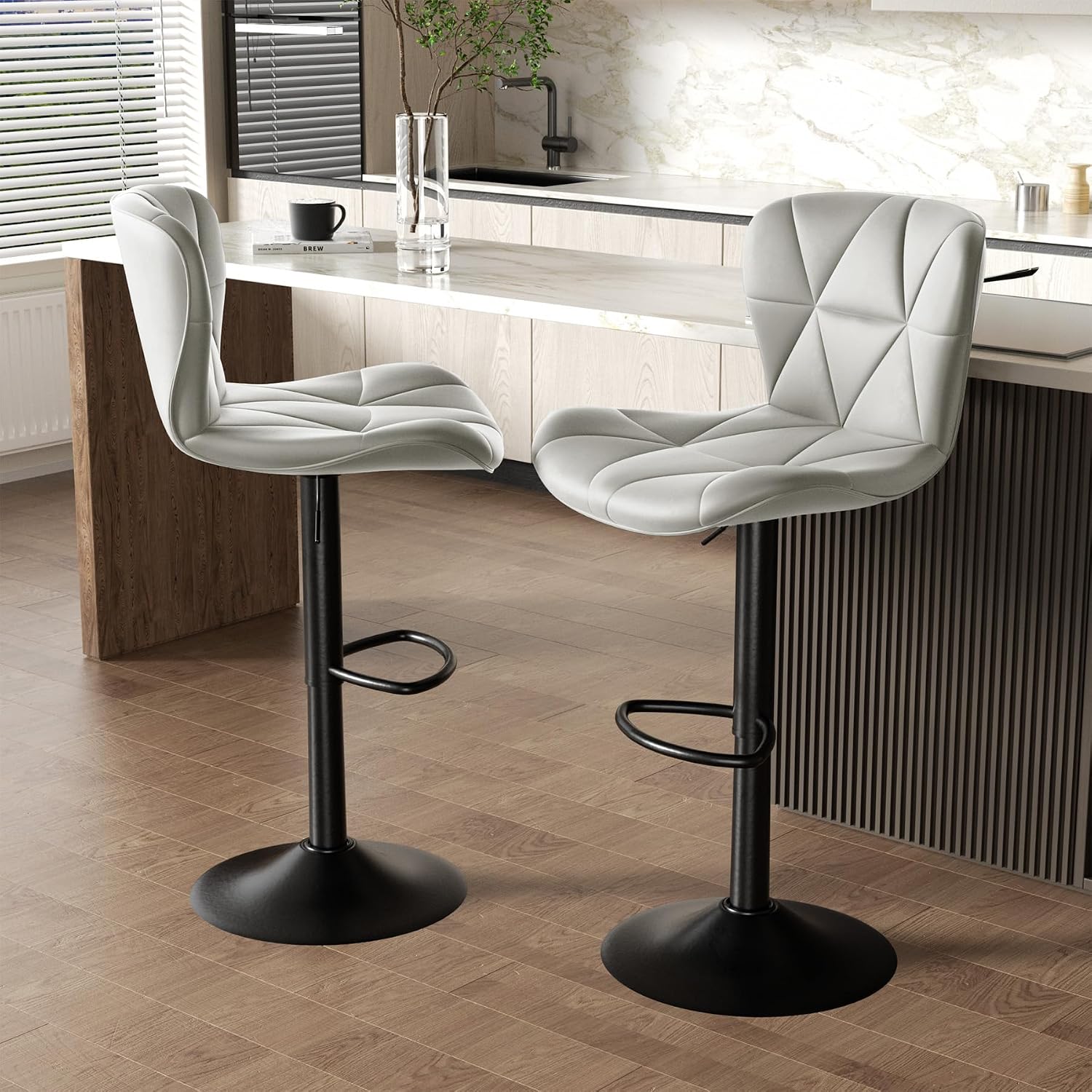 Nalupatio Modern Bar Stools Set of 3, Adjustable Faux Leather Upholstered Swivel Bar Stools, Counter Height Bar Chairs with Back for Kitchen Island, Light Grey