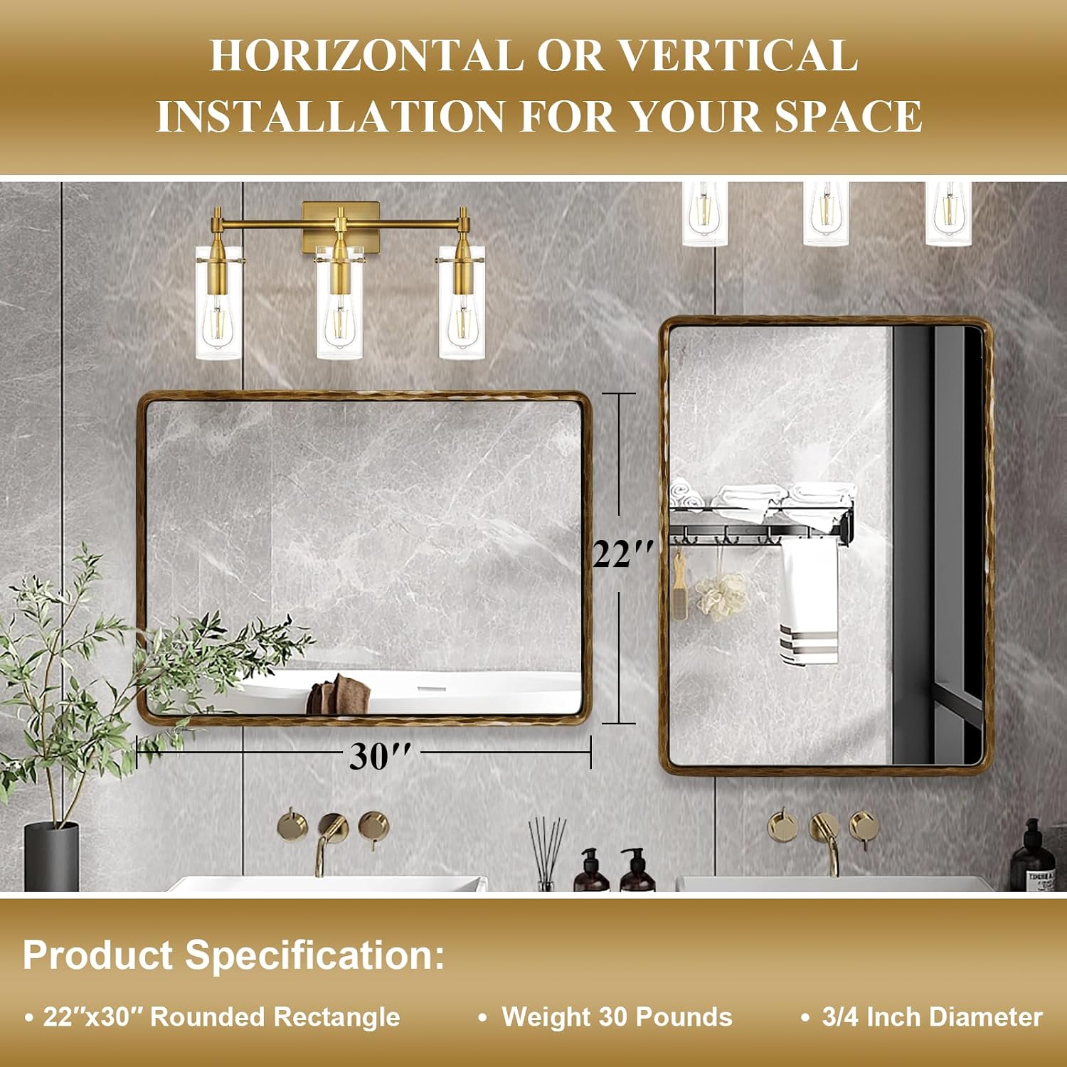 ANDY STAR Hand-Forged Gold Bathroom Mirrors for Wall, 22x30 Inch Vintage Solid Steel Metal Frame Bathroom Vanity Mirror, Antique Rounded Rectangle Wall Mirror, Hangs Horizontally or Vertically