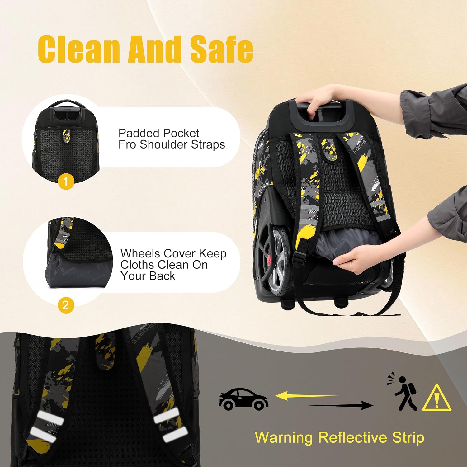 NEW TILAMI 19 Inch Rolling Backpack with Lunch Bag for Girls Boys Wheeled Laptop Backpack Durable Carry-on Bag School Travel, Doodle Yellow