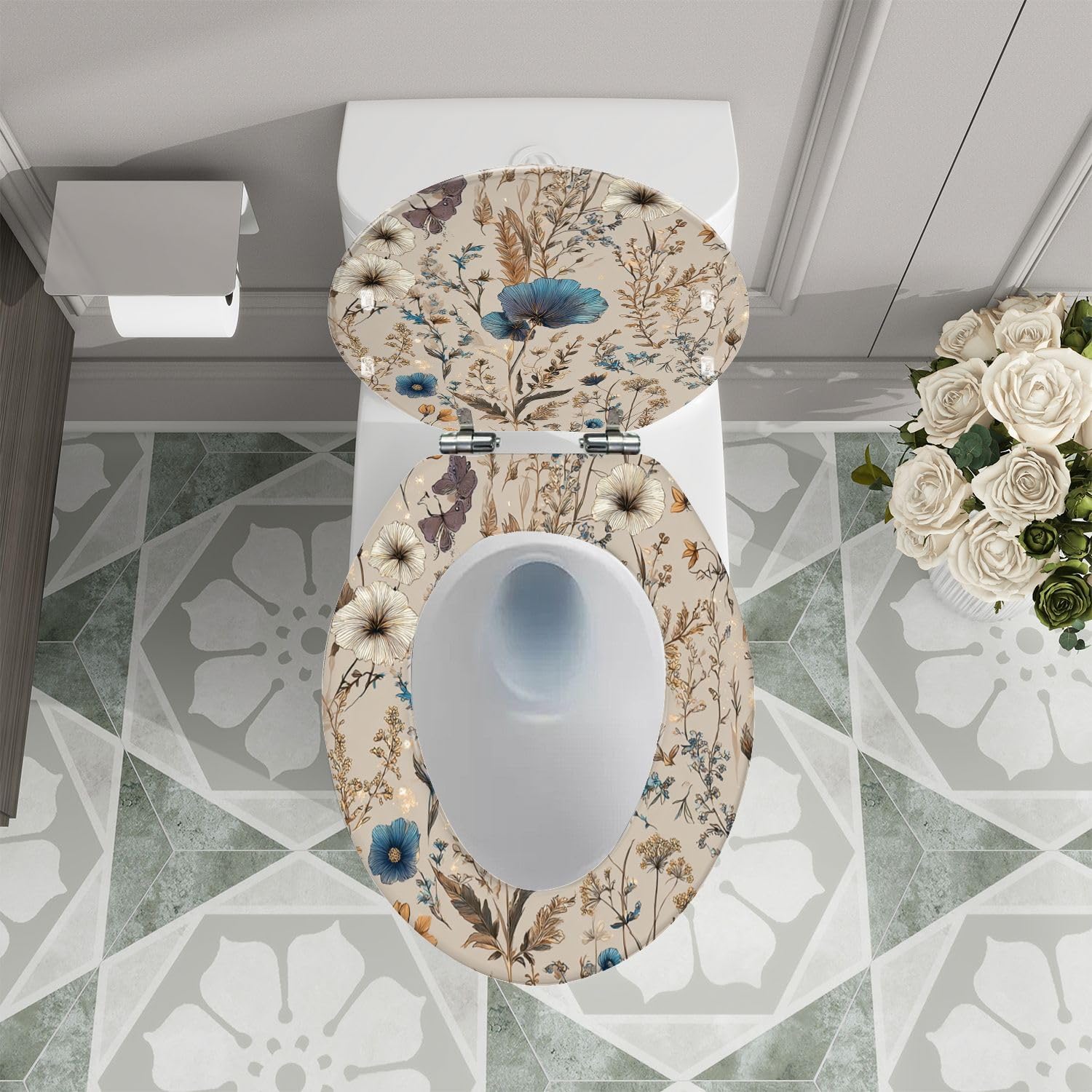 Elongated Toilet Seat Elegant Floral Blue White Golden Accents Butterflies Resin Toilet Seat Quietly Close Quick Release Hinges with Cover Bumpers Decorative Easy to Install Clean
