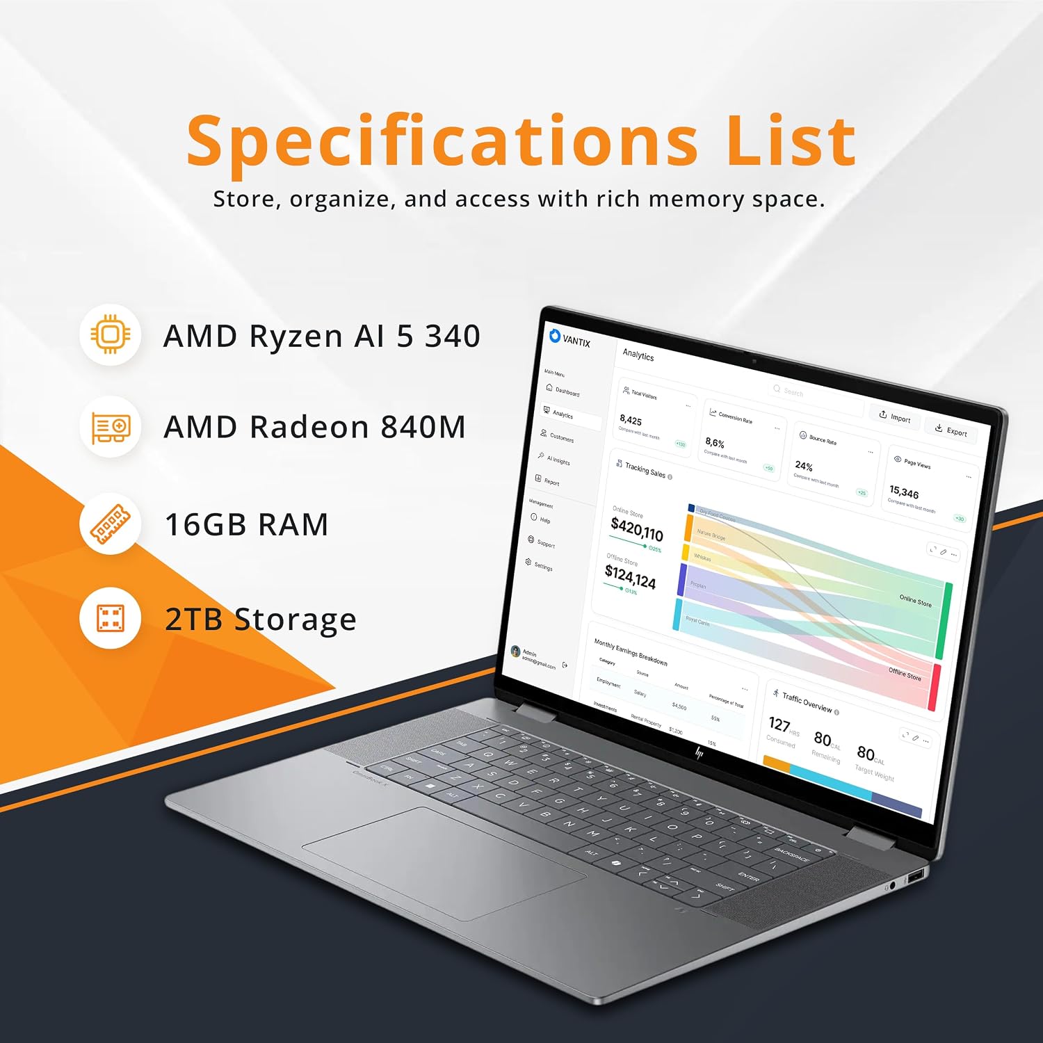 HP OmniBook X Flip 2-in-1 16' 2K Touch-Screen Laptop, AMD Ryzen AI 5 340, 16GB RAM, 2TB Storage (1TB SSD+1TB Docking Station), Copilot+ PC, Backlit Keyboard, 5MP IR Camera, Win 11, Silver