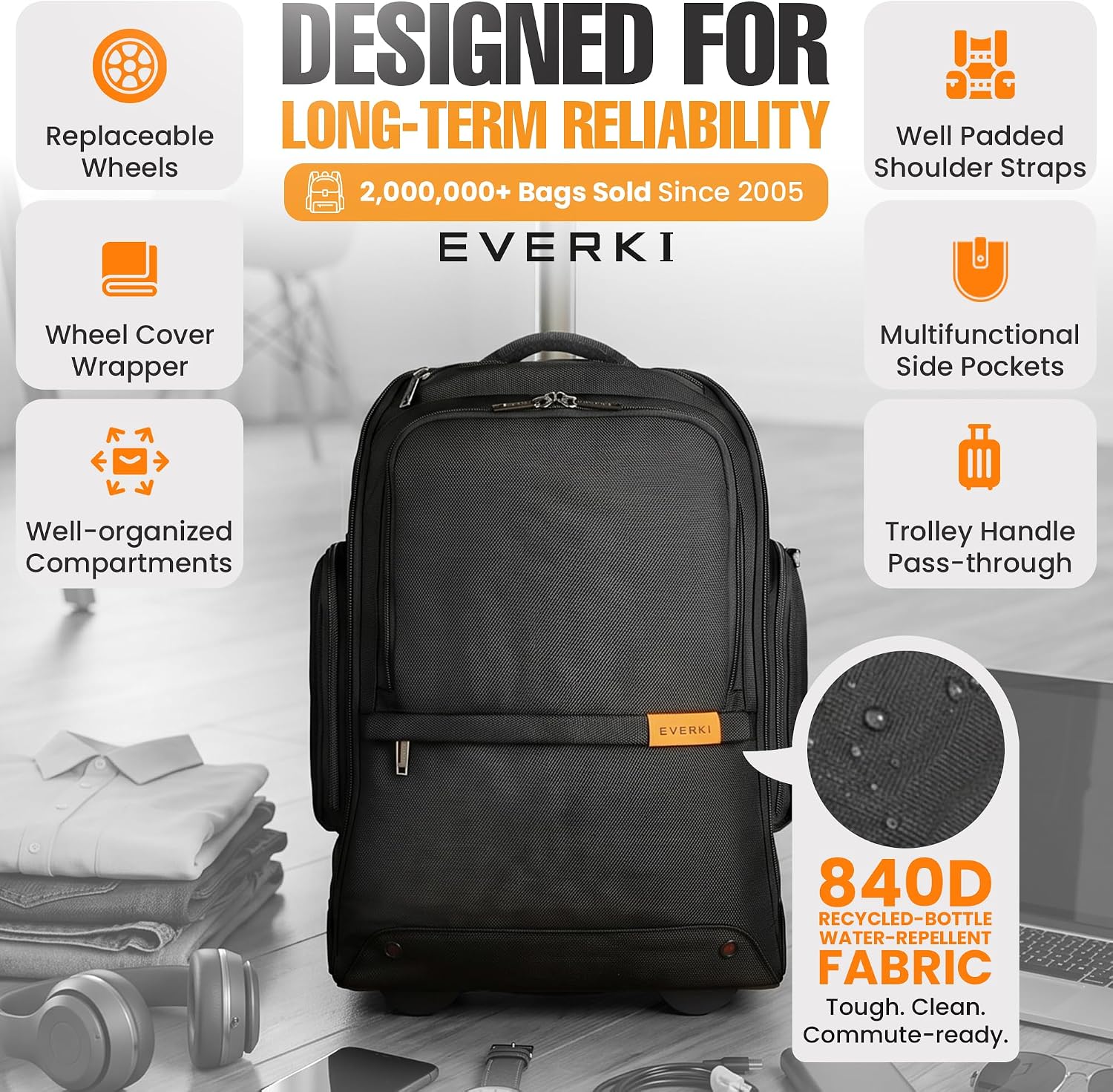 EVERKI 123 Wheeled 32L Laptop Backpack - Rolling Backpack for Men & Women - Carry-On Travel Roller Backpack for Laptops - Fits 15.6 to 16 Inches with Replaceable Wheels for Business & Work - Black
