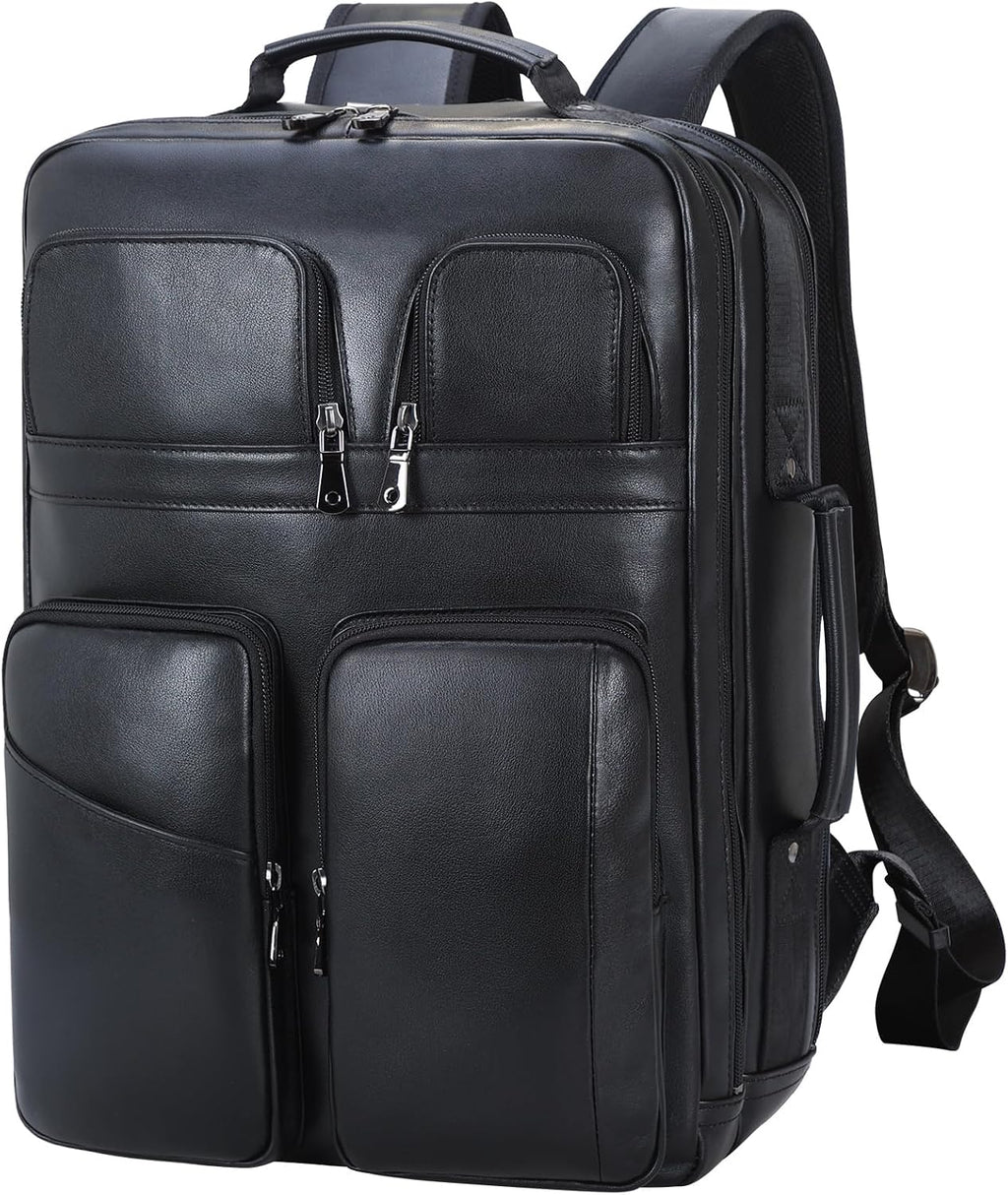 TIDING 17.3' Leather Laptop Backpack for Men Multi Pockets Casual Daypack Business Travel Rucksack, Black